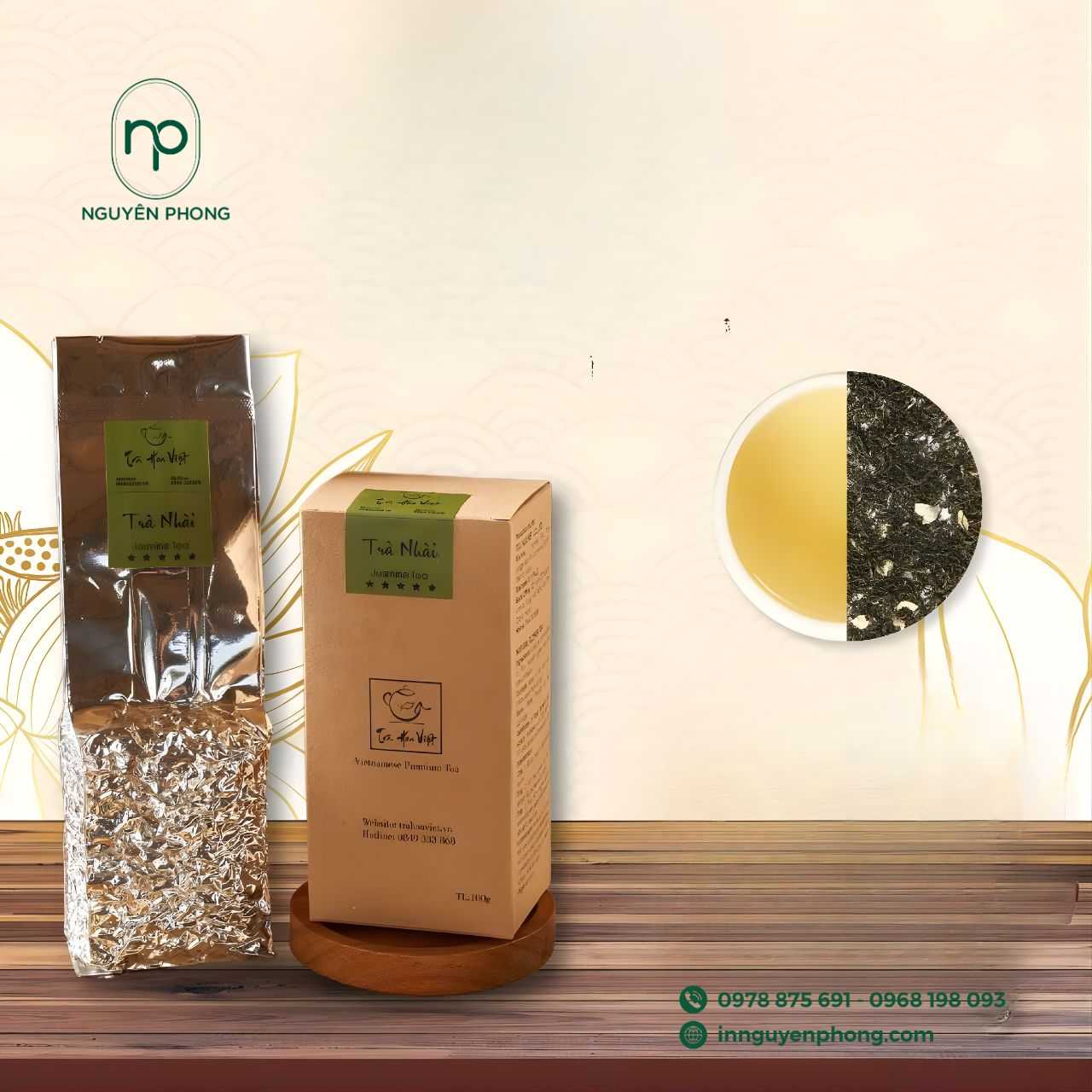 Mẫu in tem dán trà hoa chất liệu kraft